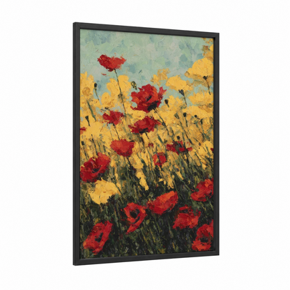 Red Poppy Field framed poppies print — black wood frame — red and yellow gold palette