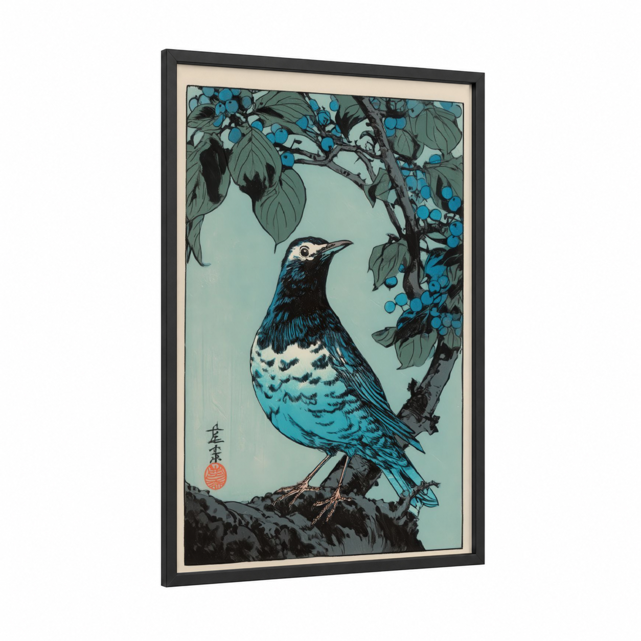 Blue Thrush Branch framed art print — black wood frame — teal and black palette