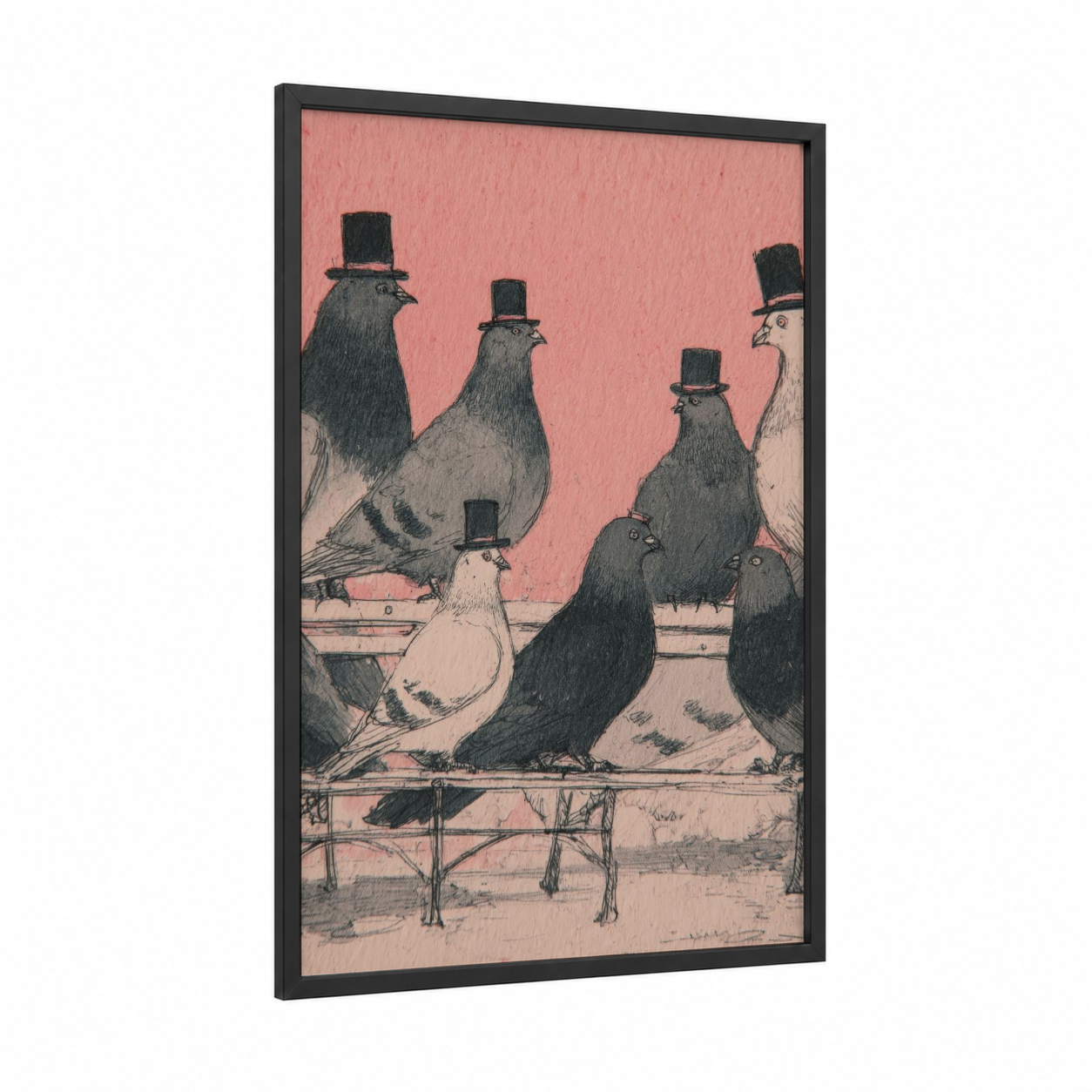 Dapper Pigeons framed retro fashion print — black wood frame — salmon pink and black and white palette