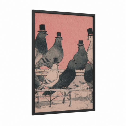 Dapper Pigeons framed retro fashion print — black wood frame — salmon pink and black and white palette