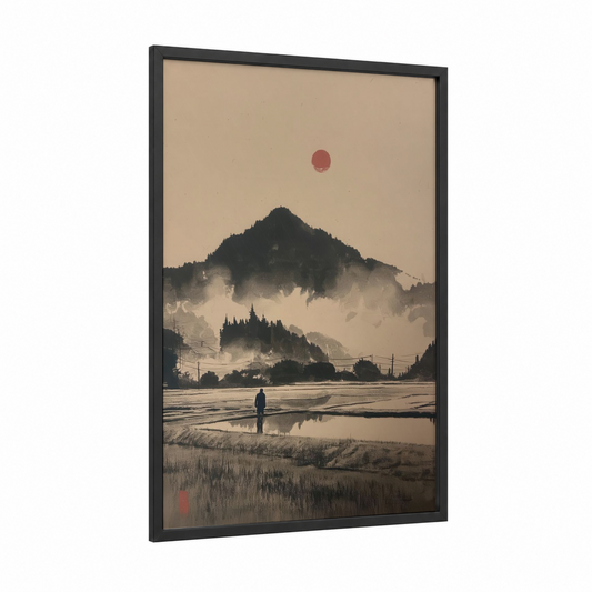 Misty Mountain Solitude framed various landscapes print — black wood frame — beige and black palette