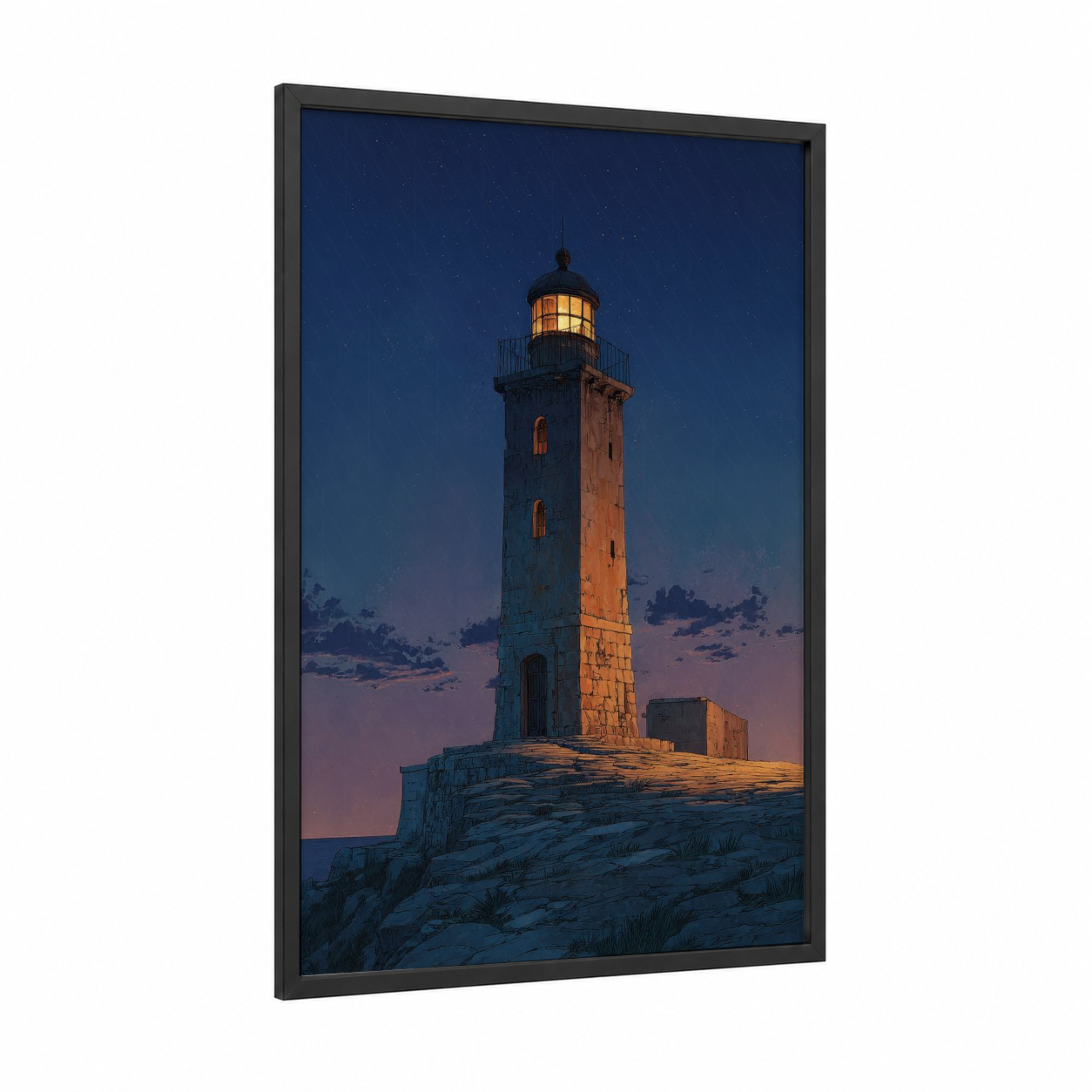 Starlit Lighthouse framed art print — black wood frame — dark blue and gold palette