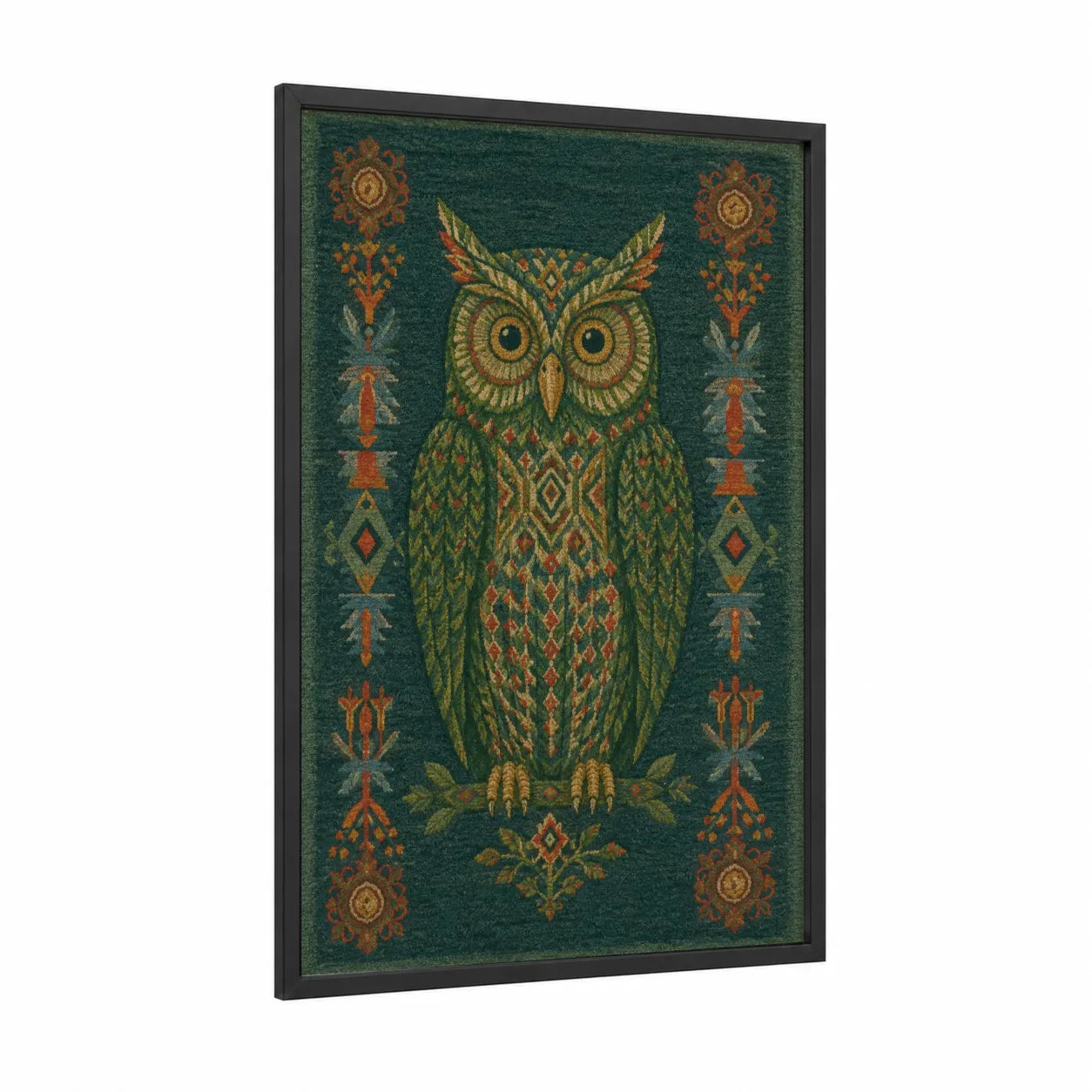 Geometric Owl Decorative Wall Art framed art print — black wood frame — true green and gold palette