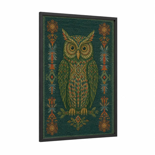 Geometric Owl Decorative Wall Art framed art print — black wood frame — true green and gold palette