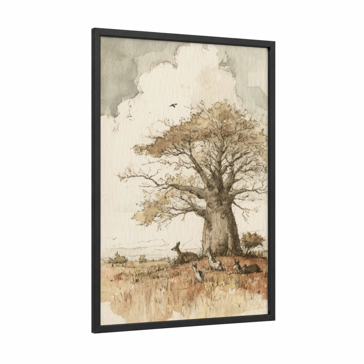 Savanna Sentinel framed savanna and desert trees print — black wood frame — beige and cream palette