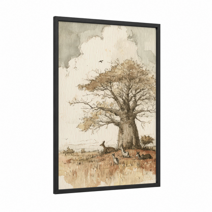 Savanna Sentinel framed savanna and desert trees print — black wood frame — beige and cream palette