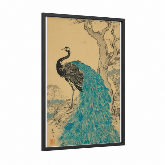 Turquoise Peacock framed art print — black wood frame — gold and teal palette