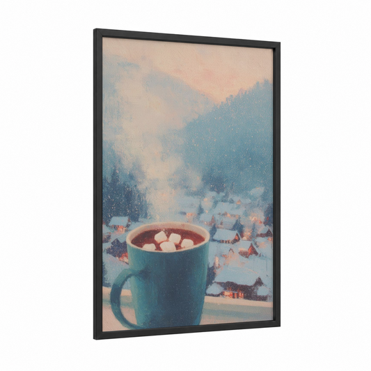 Cozy Mountain Christmas framed art print — black wood frame — blue and cream palette
