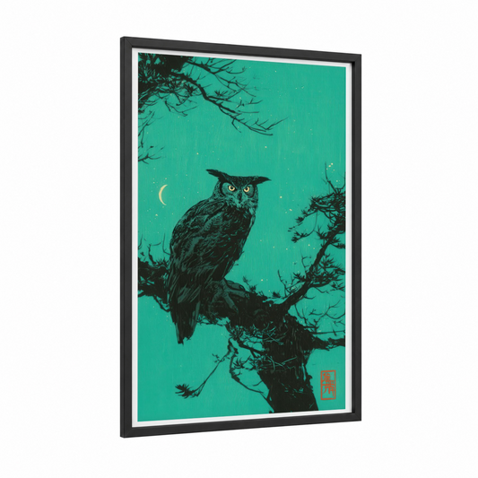 Emerald Night Owl framed art print — black wood frame — teal and black palette