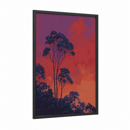 Crimson Arbutus framed arbutus tree print — black wood frame — red and purple palette