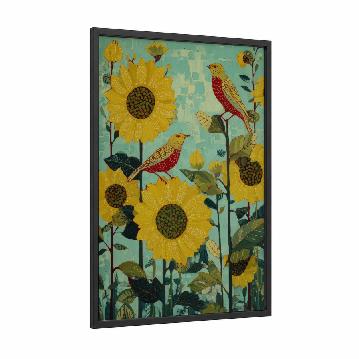 Sunflower Cardinals framed art print — black wood frame — gold and teal palette