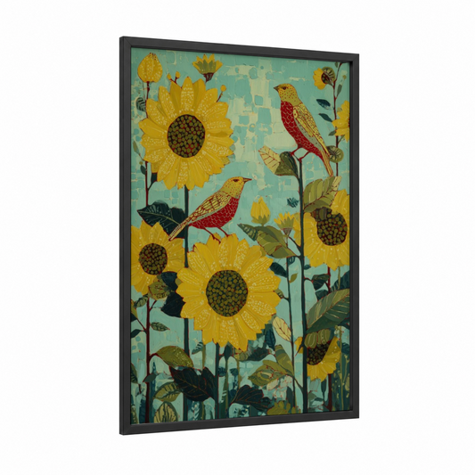 Sunflower Cardinals framed art print — black wood frame — gold and teal palette