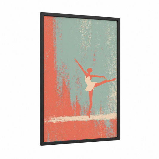 Graceful Arabesque framed gymnastics print — black wood frame — salmon pink and sage green palette