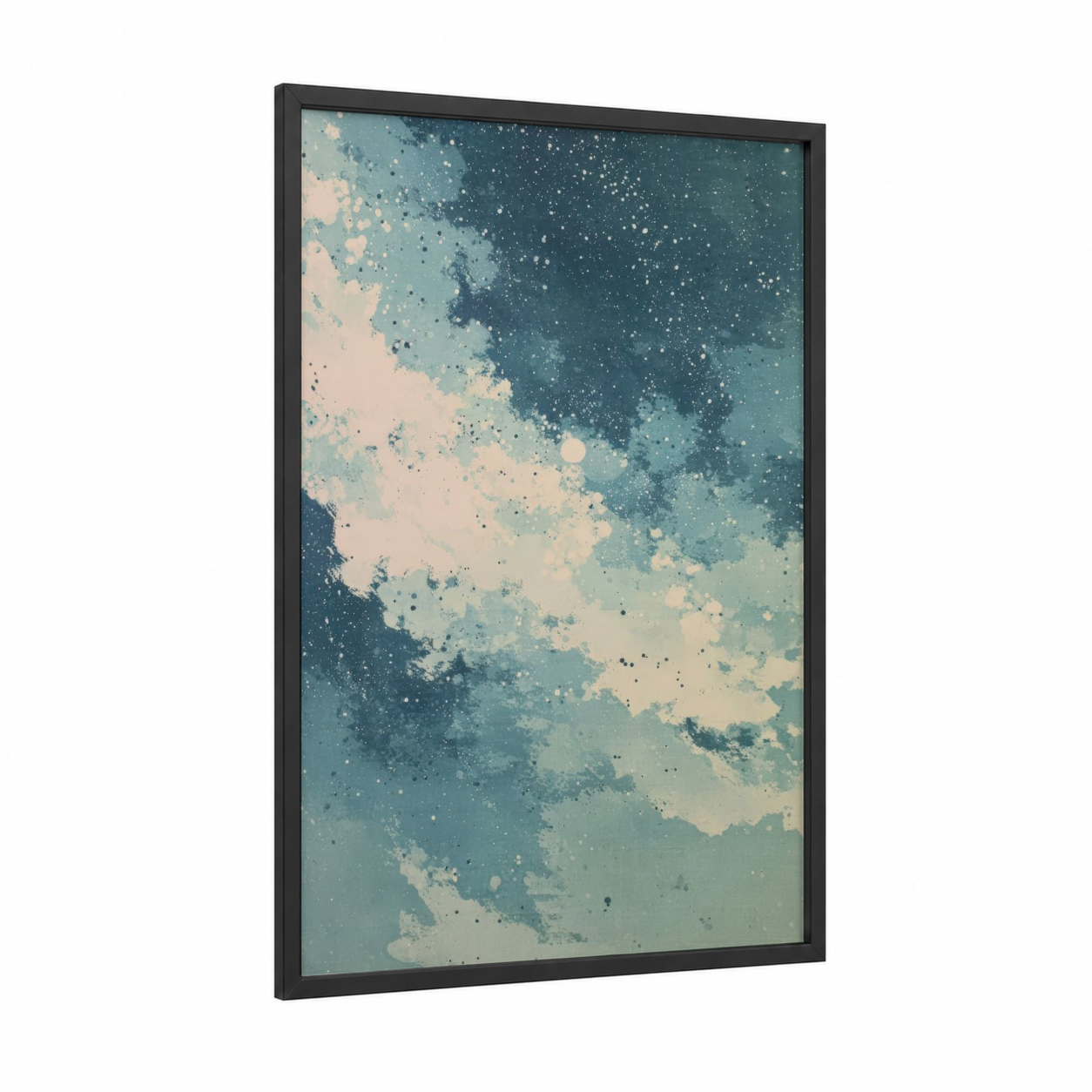 Cosmic Nebula framed space print — black wood frame — teal and cream palette