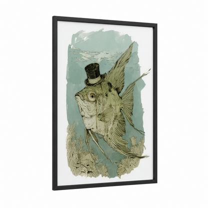 Dapper Angel Fish framed art print — black wood frame — light green and cream palette