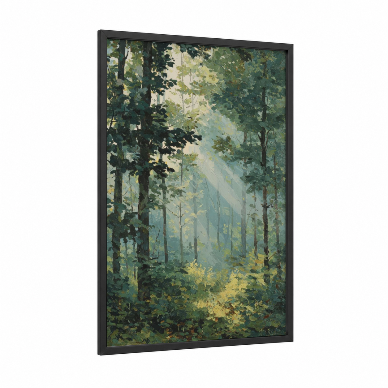 Misty Linden Forest framed linden tree print — black wood frame — green and blue and white palette