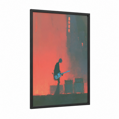 Electric Stage Silhouette framed rock'n roll print — black wood frame — red and teal palette
