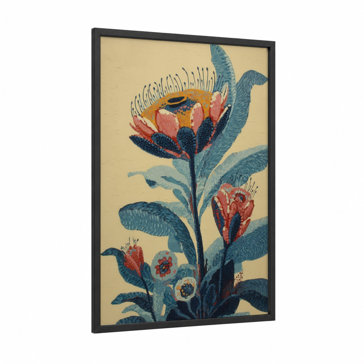 Coral Anemone Bloom framed sea anemone print — black wood frame — cream and teal palette