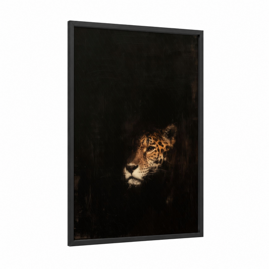Shadow Jaguar framed art print — black wood frame — gold and black palette
