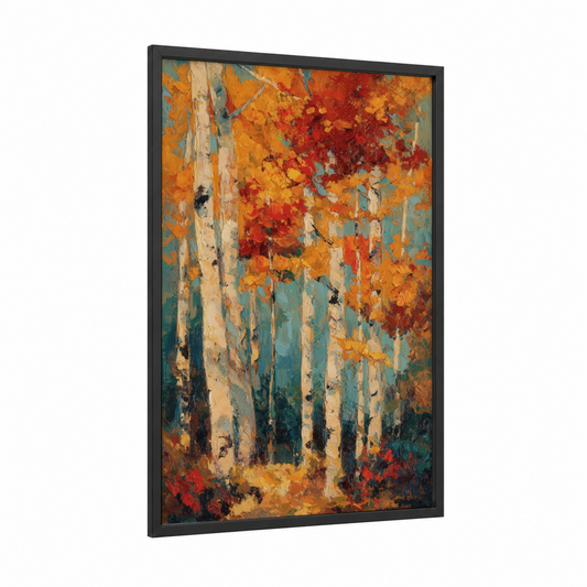 Autumn Aspen Forest framed art print — black wood frame — orange and teal palette
