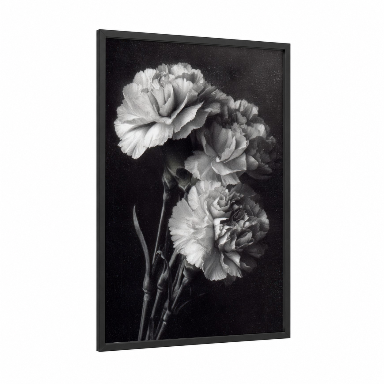 Classic Carnations framed art print — black wood frame — black and white palette