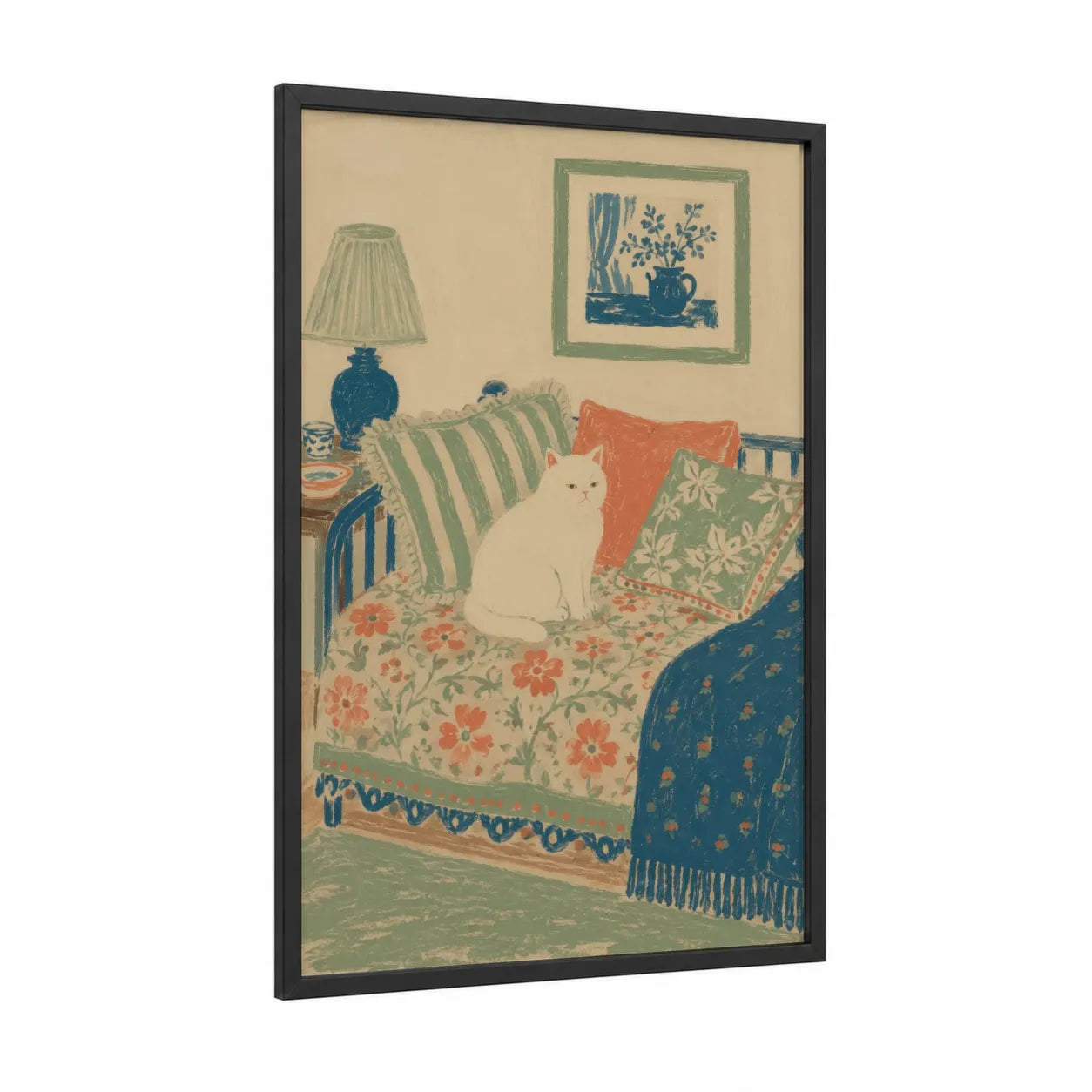White Cat on Floral Sofa Wall Art framed art print — black wood frame — beige and sage green palette