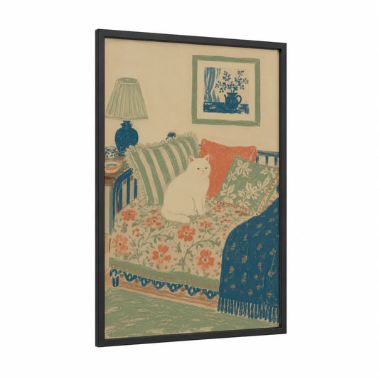 White Cat on Floral Sofa Wall Art framed art print — black wood frame — beige and sage green palette