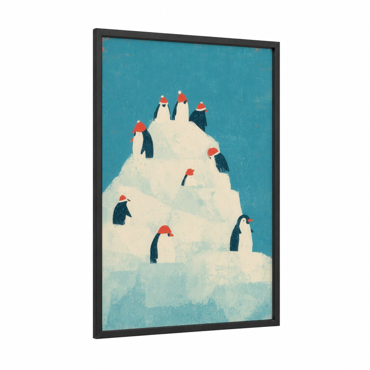 Festive Penguin Parade framed christmas print — black wood frame — turquoise and white palette