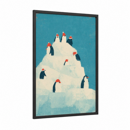 Festive Penguin Parade framed christmas print — black wood frame — turquoise and white palette