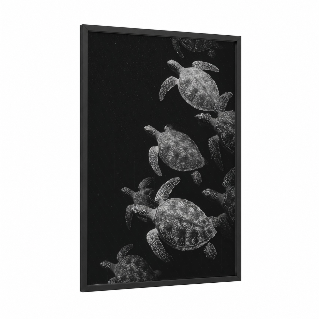 Ascending Sea Turtles framed art print — black wood frame — black and white palette
