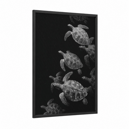 Ascending Sea Turtles framed art print — black wood frame — black and white palette