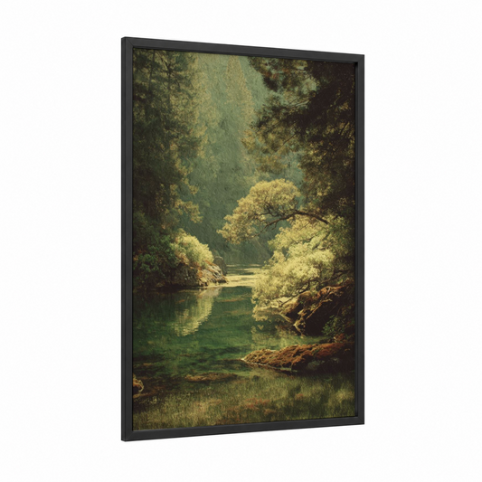 Sunlit Forest Lake framed lakes print — black wood frame — light green and gold palette