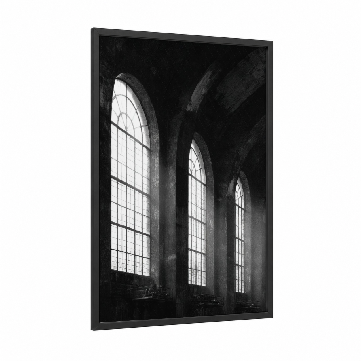 Industrial Arches framed power plant print — black wood frame — black and white palette