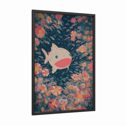 Whimsical Siren framed art print — black wood frame — pink and teal palette