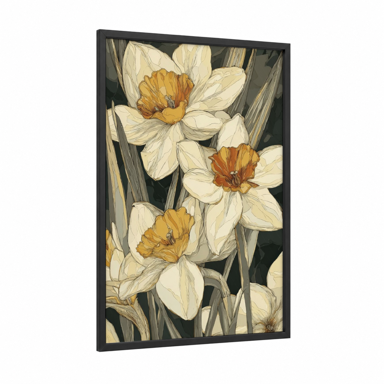 Golden Daffodil Trio framed daffodils print — black wood frame — cream and gold palette