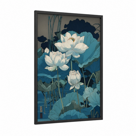 White Lotus Pond framed art print — black wood frame — teal and cream palette