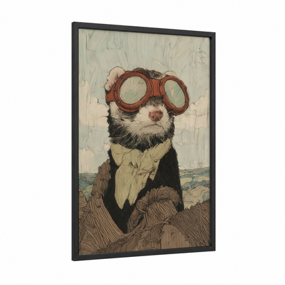 Aviator Ferret framed art print — black wood frame — cream and russet palette