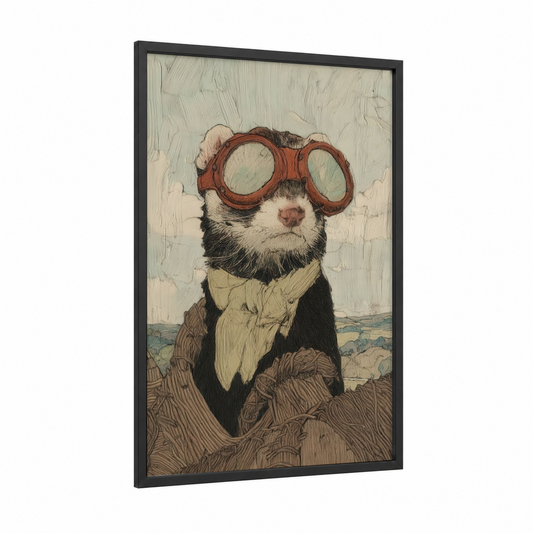 Aviator Ferret framed art print — black wood frame — cream and russet palette
