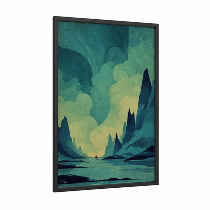 Aurora Canyon framed night sky print — black wood frame — teal and yellow gold palette