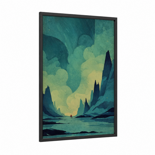 Aurora Canyon framed night sky print — black wood frame — teal and yellow gold palette