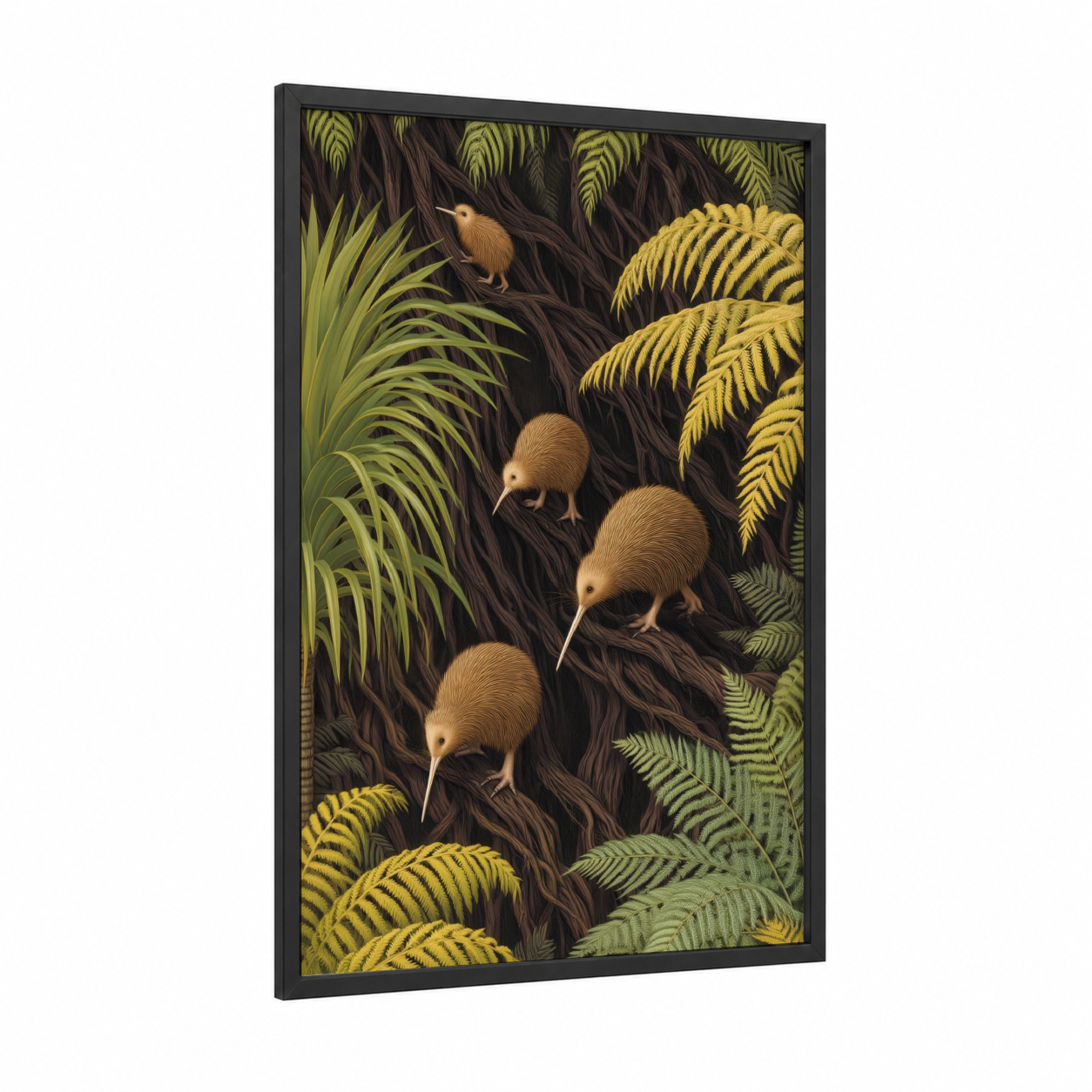Kiwi Forest Family framed art print — black wood frame — yellow gold and brown palette