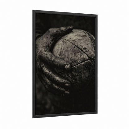 Hands Rugby framed art print — black wood frame — black and white palette