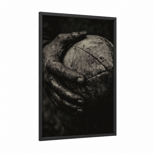 Hands Rugby framed art print — black wood frame — black and white palette