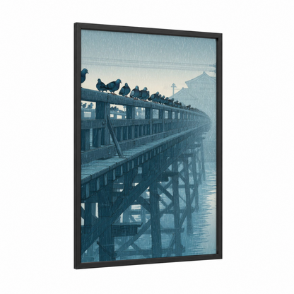 Rainy Bridge Pigeons framed art print — black wood frame — blue and white and gray palette