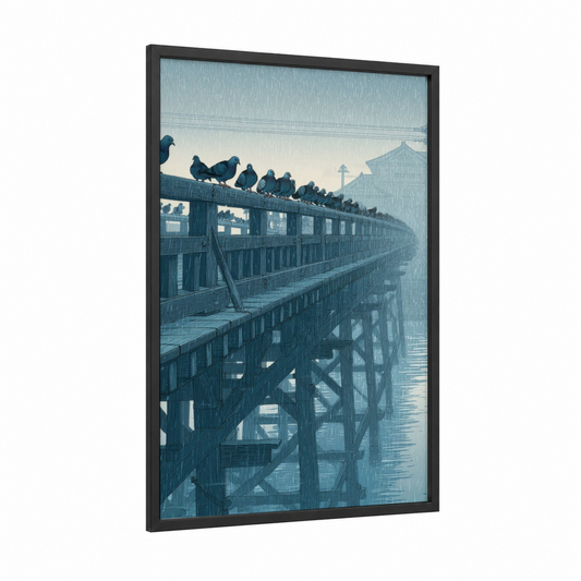 Rainy Bridge Pigeons framed art print — black wood frame — blue and white and gray palette