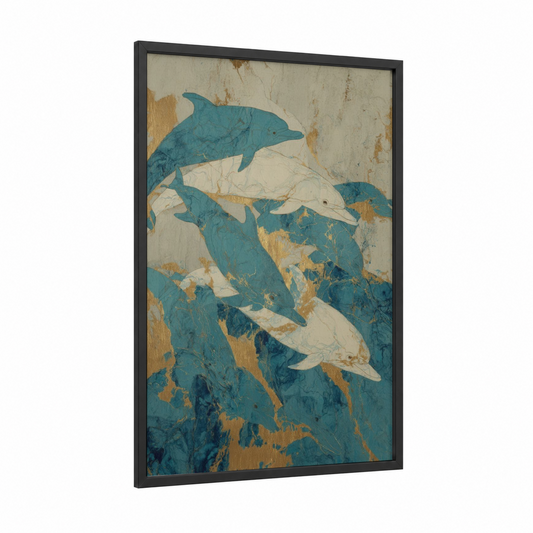 Oceanic Dolphins framed art print — black wood frame — teal and cream palette