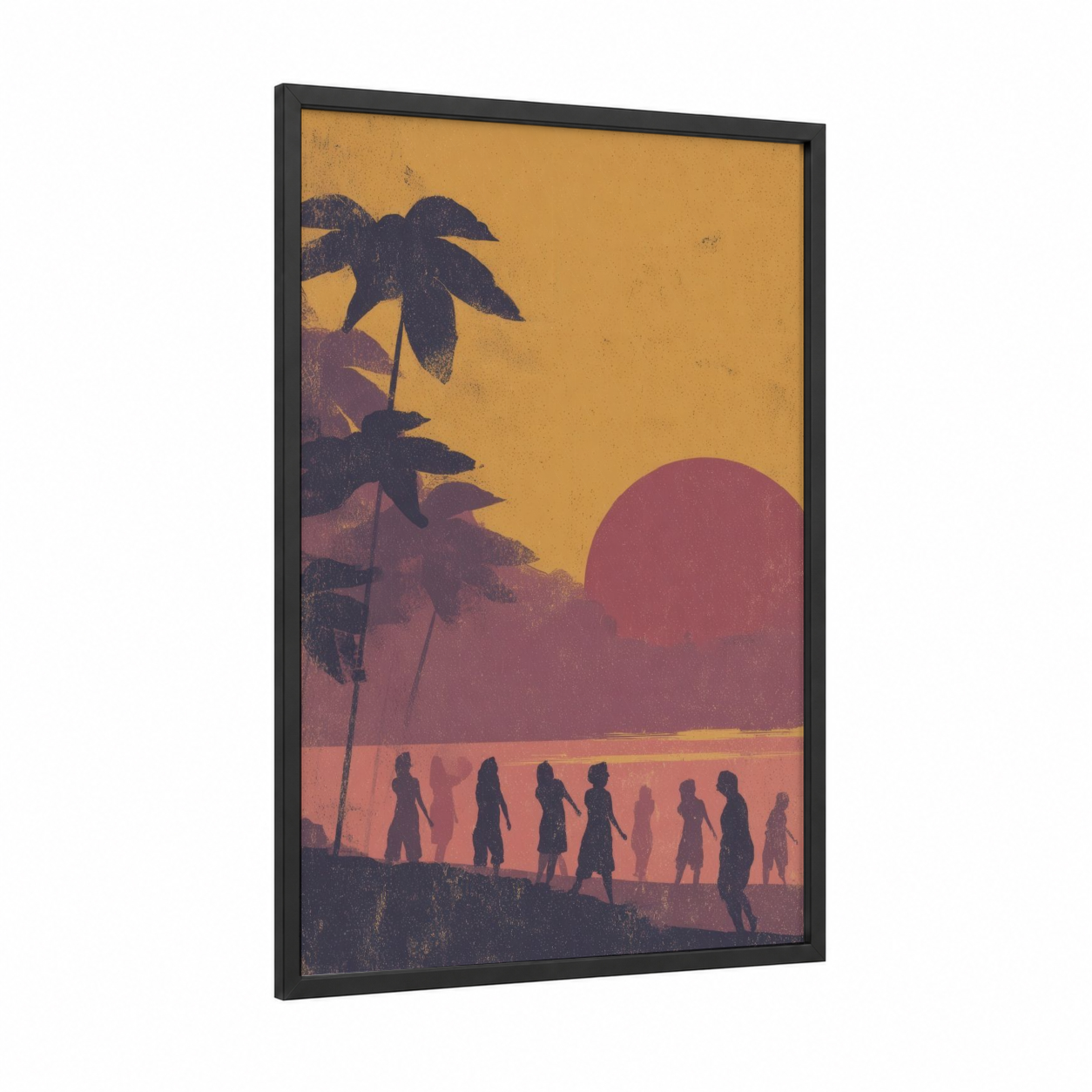 Tropical Zumba Sunset framed art print — black wood frame — gold and maroon palette