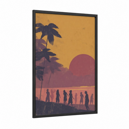 Tropical Zumba Sunset framed art print — black wood frame — gold and maroon palette