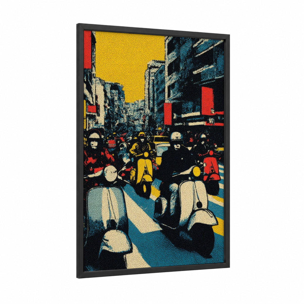 Urban Scooter Scene framed art print — black wood frame — yellow gold and teal palette