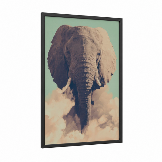 Ethereal Elephant framed savanna elephant print — black wood frame — sage green and cream palette
